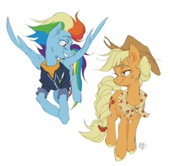 Size: 1080x1034 | Tagged: safe, artist:mmmmuda, imported from derpibooru, applejack, rainbow dash, earth pony, pegasus, pony, the last problem, appledash, applejack's hat, clothes, cowboy hat, female, hat, jacket, lesbian, older, older applejack, older rainbow dash, shipping, simple background, white background