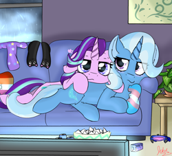 Size: 2598x2362 | Tagged: safe, artist:jubyskylines, imported from derpibooru, starlight glimmer, trixie, pony, unicorn, couch, cuddling, female, lesbian, lesbian pride flag, lgbt headcanon, mare, playstation 4, pony pillow, pride, pride flag, prone, shipping, startrix, trans female, trans trixie, transgender