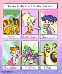 Size: 1005x1200 | Tagged: safe, artist:dumblittlejerk, imported from derpibooru, spike, anthro, bear, dragon, human, six fanarts, cheek pinch, crossover, female, male, polly pocket, special agent, winged spike, wings
