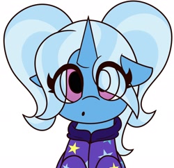 Size: 2118x2052 | Tagged: safe, artist:mrneo, imported from derpibooru, trixie, pony, unicorn, babysitter trixie, clothes, cute, diatrixes, eye clipping through hair, female, floppy ears, gameloft, gameloft interpretation, looking at you, pigtails, solo, twintails
