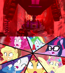 Size: 1920x2160 | Tagged: safe, edit, edited screencap, imported from derpibooru, screencap, applejack, fluttershy, pinkie pie, rainbow dash, rarity, sci-twi, sunset shimmer, twilight sparkle, cheer you on, equestria girls, equestria girls series, spoiler:eqg series (season 2), comparison, crossover, endoskeleton, five nights at freddy's, humane five, humane seven, humane six, ponied up, portal, scitwilicorn, scott cawthon, seizure warning, shadow mecha, shrunken pupils, super ponied up, the special strike, thehottest dog