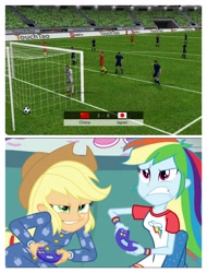 Size: 3106x4096 | Tagged: safe, edit, edited screencap, imported from derpibooru, screencap, applejack, rainbow dash, equestria girls, rainbow rocks, football, sports, video game