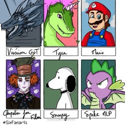 Size: 569x569 | Tagged: safe, artist:arts_trae, imported from derpibooru, spike, anthro, dog, dragon, human, six fanarts, alice in wonderland, bust, clothes, crossover, facial hair, game of thrones, hat, mad hatter, mario, moustache, open mouth, overalls, partial nudity, smiling, snoopy, super mario bros., topless, viserion, winged spike, wings