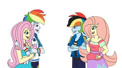 Size: 1800x1013 | Tagged: safe, artist:verumteednp, deleted from derpibooru, imported from derpibooru, fluttershy, rainbow dash, oc, oc:skylar, oc:thunder, equestria girls, female, flutterdash, lesbian, shipping, simple background, transparent background