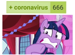 Size: 1269x931 | Tagged: safe, edit, edited screencap, imported from derpibooru, screencap, twilight sparkle, alicorn, pony, derpibooru, between dark and dawn, 666, coronavirus, covid-19, fear, female, meta, op is a chicken, op is a duck, op is a mallard, op is still a duck, op is still a mallard, ruh roh, scared, solo, tags, twilight sparkle (alicorn), twilighting