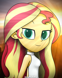 Size: 2000x2500 | Tagged: safe, artist:aryatheeditor, imported from derpibooru, sunset shimmer, equestria girls, beautiful, bust, clothes, digital art, dress, female, geode of empathy, looking at you, magical geodes, outfit, photo, portrait, relaxing, sleeveless, solo, sunset, white dress