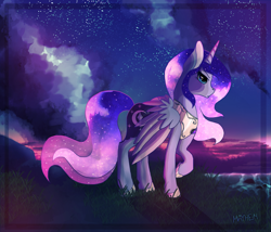 Size: 2645x2267 | Tagged: safe, artist:sweet-mayhem, imported from derpibooru, oc, oc only, oc:amouria, alicorn, pony, alicorn oc, ethereal mane, galaxy mane, horn, jewelry, magical lesbian spawn, night, night sky, not luna, offspring, parent:princess luna, parent:twilight sparkle, parents:twiluna, regalia, sky, solo, wings