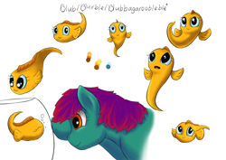 Size: 6960x4923 | Tagged: safe, artist:firefly_sunset, artist:piiec, imported from derpibooru, oc, oc only, oc:blurble, oc:fish, earth pony, fish, pony, adorable face, baby fish, bleh, blue eyes, cute, earth pony oc, female, fish bowl, happy, horn, mane, mare, sad face, smiling, yellow
