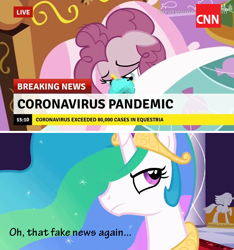 Size: 708x758 | Tagged: safe, edit, edited screencap, imported from derpibooru, screencap, pinkie pie, princess celestia, 28 pranks later, applebuck season, break your own news, breaking news, cnn, coronavirus, covid-19, covidiots, fake news, op is a duck, op is trying to start shit, unamused