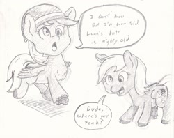 Size: 1712x1355 | Tagged: safe, artist:lost marbles, imported from derpibooru, derpy hooves, pegasus, pony, dialogue, helmet, marching, pencil drawing, traditional art