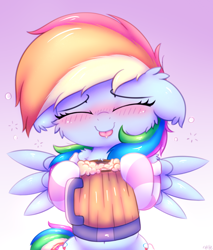 Size: 2300x2700 | Tagged: safe, artist:heavymetalbronyyeah, imported from derpibooru, rainbow dash, pegasus, pony, :p, blushing, cheek fluff, chest fluff, cider, clothes, cute, dashabetes, drunk, drunk bubbles, drunker dash, ear fluff, eyes closed, female, floppy ears, high res, mare, smiling, socks, solo, striped socks, that pony sure does love cider, tongue out