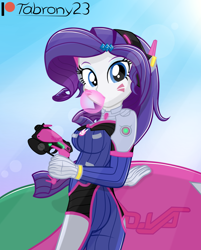 Size: 1224x1522 | Tagged: safe, artist:tabrony23, imported from derpibooru, rarity, equestria girls, bubblegum, chewing gum, clothes, cosplay, costume, d.va, female, food, gloves, gum, gun, high res, looking at you, overwatch, patreon, patreon logo, sexy, show accurate, solo, weapon, whisker markings