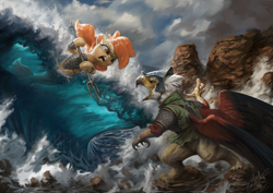 Size: 1440x1020 | Tagged: safe, artist:assasinmonkey, imported from derpibooru, oc, oc only, griffon, seapony (g4), first contact war, armor, clothes, cloud, digital painting, dramatic pose, fight, griffon oc, helmet, hoof hold, ocean, open mouth, predator vs prey, rock, signature, technical advanced, trident, war, war face, water, wave, weapon