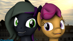 Size: 3840x2160 | Tagged: safe, artist:dawnyr, artist:dawnyrs, imported from derpibooru, scootaloo, oc, oc:rome silvanus, earth pony, pegasus, 3d, looking at each other, smiling, source filmmaker, town