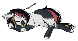Size: 1300x691 | Tagged: safe, artist:pinkdolphin147, imported from derpibooru, oc, oc only, oc:mottle tine, earth pony, pony, female, mare, onomatopoeia, simple background, sleeping, solo, sound effects, white background, zzz