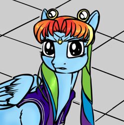 Size: 726x732 | Tagged: safe, artist:dacaoo, imported from derpibooru, rainbow dash, pegasus, pony, alternate hairstyle, clothes, sailor moon, sailor moon redraw meme, serena tsukino, solo