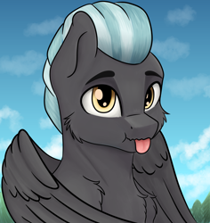 Size: 3500x3700 | Tagged: safe, artist:fuwa, artist:misty horyzon, imported from derpibooru, thunderlane, pegasus, pony, :p, bust, cheek fluff, chest fluff, cloud, cute, folded wings, high res, looking at you, male, outdoors, portrait, sky, solo, stallion, thunderbetes, tongue out, wings