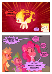 Size: 868x1228 | Tagged: safe, artist:dziadek1990, edit, edited screencap, imported from derpibooru, screencap, applejack, pinkie pie, spike, twilight sparkle, dragon, earth pony, pony, unicorn, feeling pinkie keen, angry, burning, cartoon physics, comic, conversation, dialogue, female, fire, furious, male, mare, on fire, pain, rapidash twilight, reality ensues, scared, screaming, screencap comic, shocked, speech bubble, stop drop and roll, text