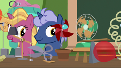 Size: 1920x1080 | Tagged: safe, imported from derpibooru, screencap, fire flicker, midnight snack (character), pony, unicorn, a horse shoe-in, background pony, electric fan, female, friendship student, male, mare, midnight snack (g4), rube goldberg machine, scissors, stallion