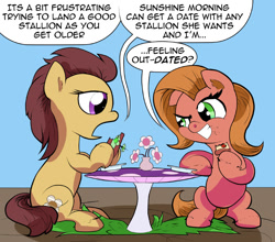 Size: 909x800 | Tagged: safe, artist:wadusher0, imported from derpibooru, oc, oc only, oc:marigold, oc:pun, ask pun, ask, eating, female, male, pun, straight, table