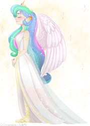 Size: 1500x2100 | Tagged: safe, artist:twily09, imported from derpibooru, princess celestia, human, abstract background, clothes, dress, eyes closed, female, goddess, humanized, smiling, solo, winged humanization, wings