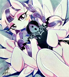 Size: 1826x2048 | Tagged: safe, artist:025aki, imported from derpibooru, inky rose, pegasus, pony, blushing, female, looking at you, mare, on back, solo, traditional art