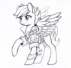 Size: 700x669 | Tagged: safe, artist:maytee, imported from derpibooru, scootaloo, pegasus, pony, clothes, female, grayscale, jacket, monochrome, solo, traditional art