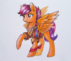 Size: 1500x1277 | Tagged: safe, artist:maytee, imported from derpibooru, scootaloo, pegasus, pony, bandage, bandana, clothes, female, jacket, large wings, marker drawing, older, older scootaloo, scarf, simple background, solo, spread wings, traditional art, white background, wings