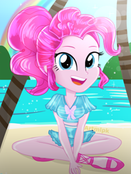 Size: 1536x2048 | Tagged: safe, artist:artmlpk, imported from derpibooru, pinkie pie, equestria girls, adorable face, adorkable, alternate hairstyle, beach, beautiful, bow, clothes, cute, diapinkes, digital art, dork, female, island, looking at you, midriff, open mouth, palm tree, palmtree, plant, ponytail, rainbow, sandals, sitting, smiling, smiling at you, solo, swimsuit, tree, vacation, water, watermark