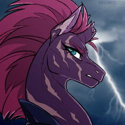 Size: 500x500 | Tagged: safe, artist:dementra369, imported from derpibooru, tempest shadow, pony, unicorn, armor, broken horn, cloud, eye scar, female, horn, lightning, mare, scar, solo