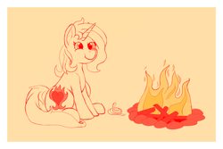 Size: 2326x1552 | Tagged: safe, artist:thewindking, imported from derpibooru, oc, oc only, oc:cinderheart, pony, snake, unicorn, campfire, cutie mark, female, fire, horn, mare, simple background, sitting, sketch, smiling, unicorn oc