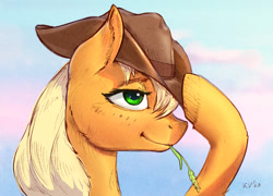 Size: 1040x748 | Tagged: safe, artist:kovoranu, artist:xbi, colorist:xbi, imported from derpibooru, applejack, earth pony, pony, bust, collaboration, digital art, digitally colored, female, g4, hat, mare, mixed media, portrait, side view, sky, sky background, solo, straw in mouth, traditional art