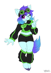 Size: 1316x1906 | Tagged: safe, artist:neoncel, imported from derpibooru, oc, oc only, oc:raven mcchippy, anthro, earth pony, clothes, female, goggles, hoodie, leg warmers, one eye closed, peace sign, shorts, solo