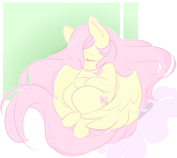 Size: 1109x993 | Tagged: safe, artist:cooljuicecat, imported from derpibooru, fluttershy, pegasus, pony, abstract background, curled up, eyes closed, female, hair over one eye, mare, outline, partially open wings, pastel, pastel colors, solo, three quarter view, white outline, wings