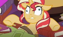 Size: 1203x719 | Tagged: safe, imported from derpibooru, screencap, sunset shimmer, pony, unicorn, equestria girls, mirror magic, spoiler:eqg specials, book, cropped, derp, disoriented, female, floppy ears, solo