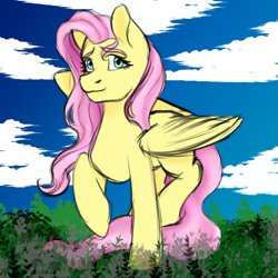 Size: 2000x2000 | Tagged: safe, artist:artsgremlin, imported from derpibooru, fluttershy, pegasus, pony, female, looking at you, mare, outdoors, raised hoof, raised leg, sky, solo, spread wings, standing, stray strand, three quarter view, wings