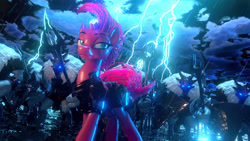 Size: 3840x2160 | Tagged: safe, artist:sceathlet, imported from derpibooru, tempest shadow, pony, unicorn, my little pony: the movie, 3d, armor, broken horn, electricity magic, female, glowing horn, high res, horn, lidded eyes, lightning, mare, rain, shield, spear, storm guard, weapon, wet