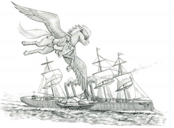 Size: 1400x1033 | Tagged: safe, artist:baron engel, imported from derpibooru, oc, oc only, oc:sky brush, pegasus, pony, flying, male, monochrome, nudity, pencil drawing, sheath, ship, stallion, story included, traditional art