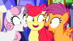 Size: 1366x768 | Tagged: safe, imported from derpibooru, screencap, apple bloom, scootaloo, sweetie belle, earth pony, pegasus, pony, unicorn, growing up is hard to do, adorabloom, cute, cutealoo, cutie mark crusaders, diasweetes, female, looking at each other, mare, older, older apple bloom, older cmc, older scootaloo, older sweetie belle, smiling