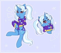 Size: 1280x1120 | Tagged: safe, artist:pandoraqueens, imported from derpibooru, trixie, pony, unicorn, alternate hairstyle, babysitter trixie, female, gameloft, gameloft interpretation, grin, mare, one eye closed, pentagram, pigtails, smiling, solo, wink