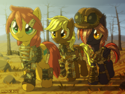 Size: 800x600 | Tagged: safe, artist:rangelost, imported from derpibooru, oc, oc only, oc:apple basket, oc:moonflower, oc:trailblazer, bat pony, earth pony, fallout equestria, armor, pixel art, trio