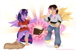 Size: 1250x833 | Tagged: safe, artist:thenornonthego, imported from derpibooru, fluttershy, twilight sparkle, oc, oc:acesential, alicorn, human, pegasus, pony, book, clothes, glasses, human to pony, jumper, one eye closed, open mouth, pants, polo shirt, ripping clothes, transformation, twilight sparkle (alicorn), wink