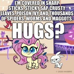 Size: 1080x1080 | Tagged: safe, imported from derpibooru, angel bunny, fluttershy, bird, pegasus, pony, rabbit, spider, my little pony: pony life, angel bunny is not amused, angel bunny is unamused, animal, caption, g4.5, gross, hug request, image macro, leaf, leaves, maggots, messy mane, poison ivy, sap, stick, text, worms