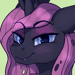 Size: 2000x2000 | Tagged: safe, artist:kotya, imported from derpibooru, oc, oc only, oc:queen medley, changeling, changeling queen, blushing, bust, changeling queen oc, cute, fangs, female, portrait, purple changeling, quadrupedal, simple background, smug, solo, zoomorphic