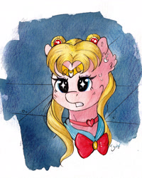 Size: 3062x3828 | Tagged: safe, artist:lightisanasshole, imported from derpibooru, oc, oc only, earth pony, pony, bangs, bow, bust, clothes, concerned, ear piercing, earring, jewelry, meme, necklace, piercing, ponified, ponytail, sailor moon, sailor moon redraw meme, serena tsukino, solo, traditional art, uniform, watercolor painting