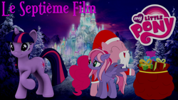 Size: 1920x1080 | Tagged: safe, artist:rose80149, imported from derpibooru, pinkie pie, starsong, twilight sparkle, crystal snow castle, g4, present, sack, santa claus, winter, wonderland