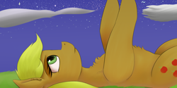 Size: 1600x800 | Tagged: safe, artist:guatergau5, imported from derpibooru, applejack, earth pony, chest fluff, looking at each other, on back