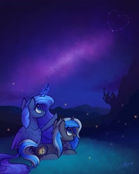 Size: 1638x2048 | Tagged: safe, artist:lollipony, imported from derpibooru, princess luna, oc, oc:equui-nox, alicorn, firefly (insect), insect, pony, unicorn, castle, commission, constellation, duo, female, folded wings, glowing horn, heart, horn, looking up, magic, mare, mountain, night, open mouth, pointing, raised hoof, smiling, stars, wings