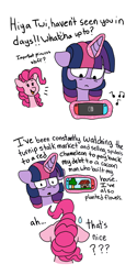 Size: 3024x6048 | Tagged: safe, artist:pink-pone, imported from derpibooru, pinkie pie, twilight sparkle, alicorn, earth pony, pony, animal crossing, comic, levitation, magic, nintendo switch, telekinesis, twilight sparkle (alicorn)