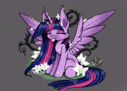 Size: 7000x5000 | Tagged: safe, artist:martazap3, derpibooru exclusive, imported from derpibooru, twilight sparkle, alicorn, pony, unicorn, princess twilight sparkle (episode), the last problem, :p, absurd resolution, big ears, cheek fluff, eyes closed, female, flower, gray background, horn, mare, princess twilight 2.0, simple background, sitting, solo, spread wings, tongue out, twilight sparkle (alicorn), wings